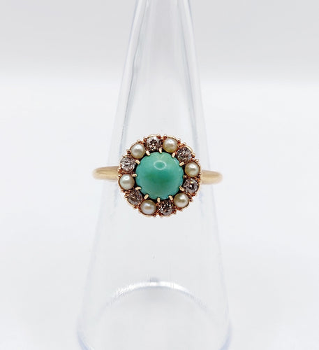 Bague 52.5 Bague marguerite or jaune, cabochon de turquoise, diamants et perles (circa 1900) 58 Facettes A05219