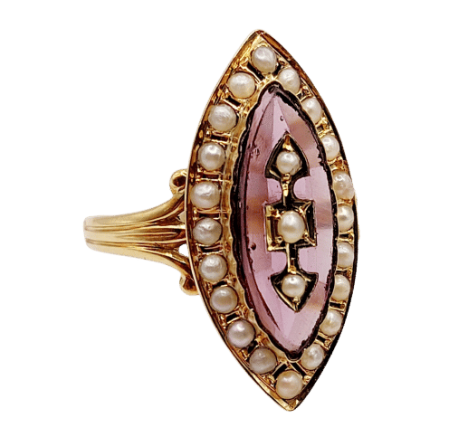 Bague marquise antique en or 18k, verre violet et perles