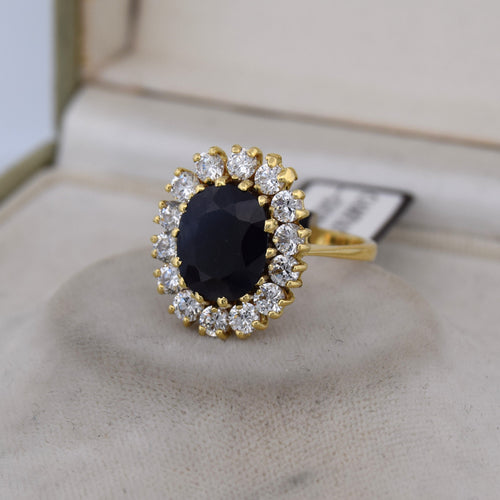 18 ayar sarı altın, safir ve pırlantalı vintage yüzük 