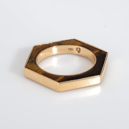 Bague Bague hexagonale taille 5,5, incrustée d'œil de tigre, or jaune 18 carats, anneau empilable, Estate 58 Facettes G13888