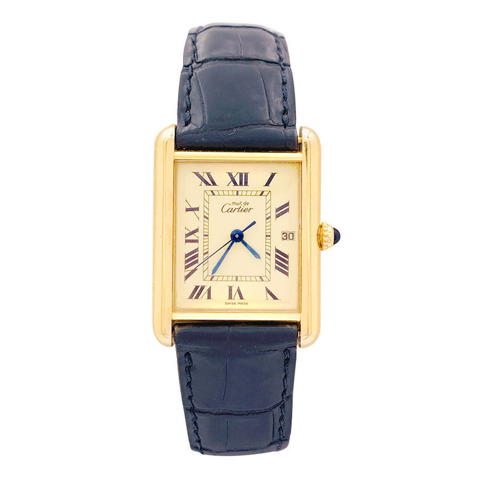 Orologio Cartier, "Dovere Cartier", placcato oro e argento, pelle.