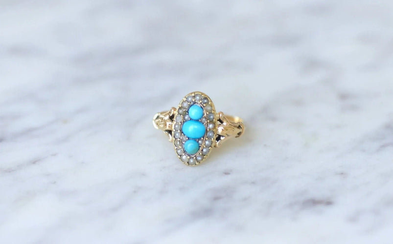 Turquoise and pearl marquise ring