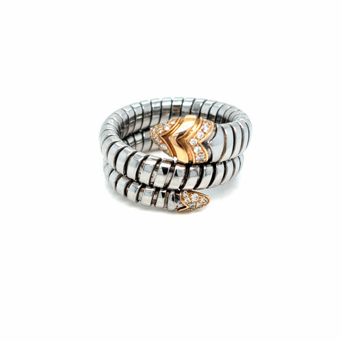Bague 55 BULGARI - Bague Serpenti Tubogas en acier, or rose et diamants 58 Facettes