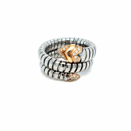Bague 55 BULGARI - Bague Serpenti Tubogas en acier, or rose et diamants 58 Facettes
