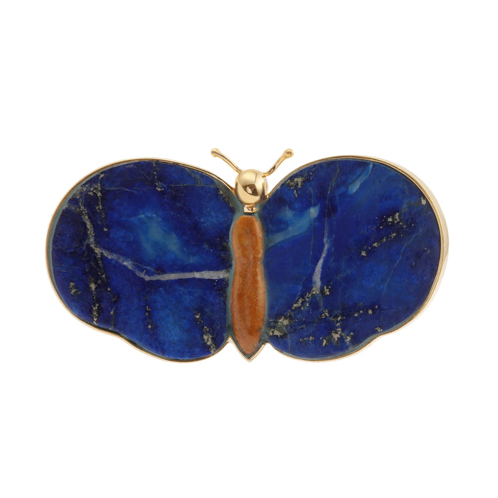 Yellow gold butterfly brooch, lapis lazuli, jasper