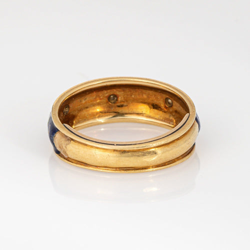 Bague Bague vintage en or jaune 18 carats avec fleur en émail, taille 6,25, bande de diamants, bijoux fins 58 Facettes G13900