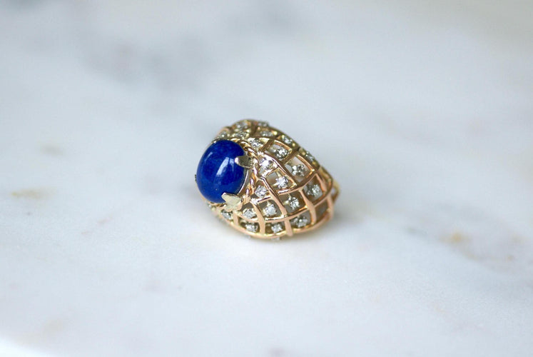 Bague 52 Bague Cocktail rétro or jaune, Lapis Lazuli et Diamants 58 Facettes