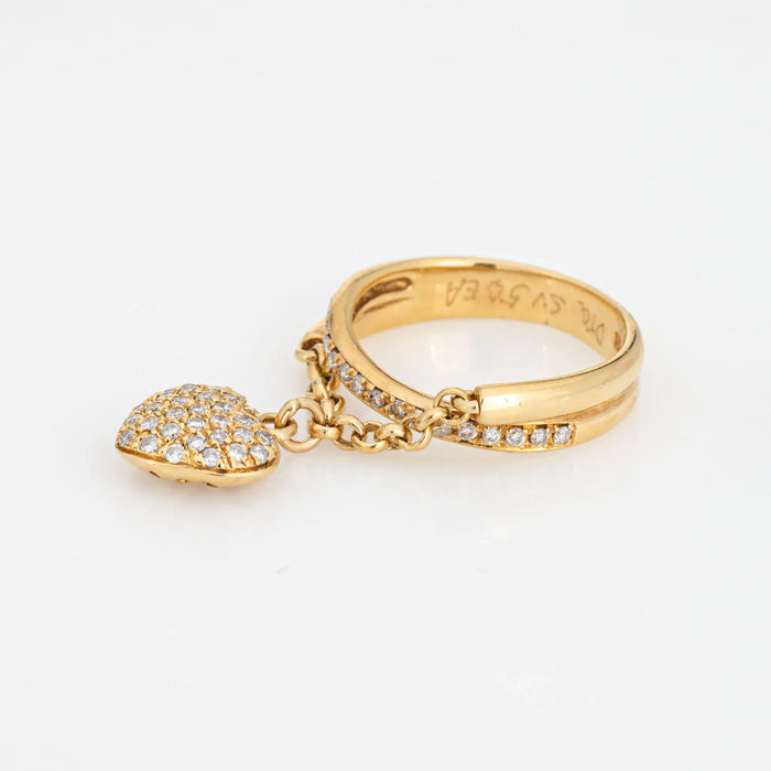 Diamond Heart Charm Ring Estate 18k Yellow Gold Band Sz 7 Fine Jewelry Dangle