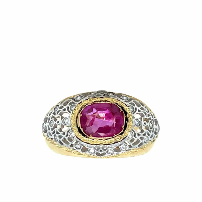 Bague 55 Vintage Cerified Burma Ruby No Heat Diamond Filigree Gold Ring 58 Facettes