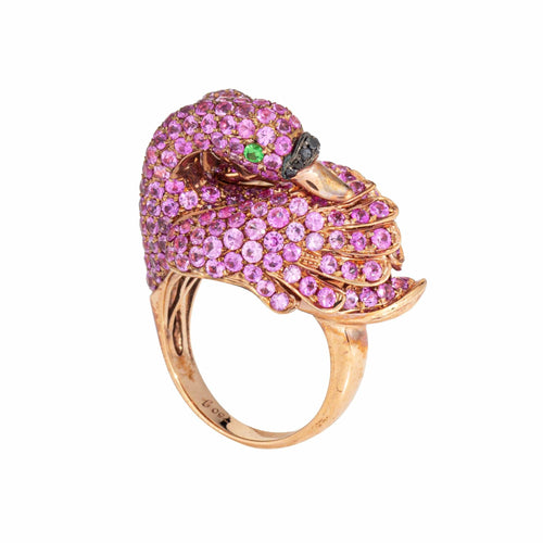 Bague Bague double flamant rose, motif oiseaux amoureux, taille 5, saphir rose, or rose 18 carats, vintage 58 Facettes G13981