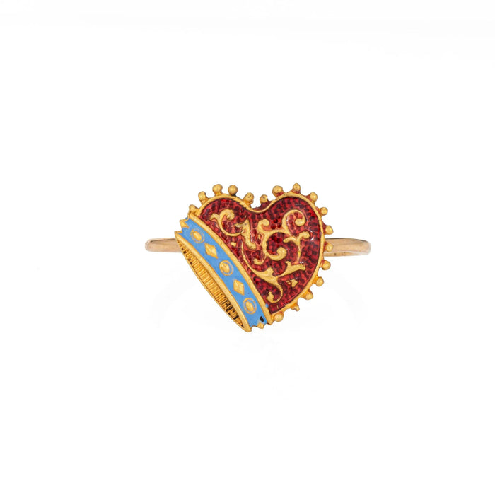 Anillo de conversión antiguo de esmalte de corazón victoriano en oro amarillo