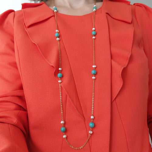 Collier Sautoir « azuria », amazonite, perles et or 58 Facettes 75