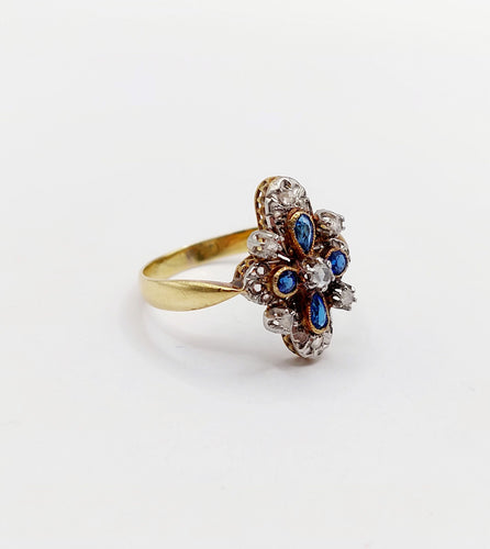 Bague 55 Bague duchesse antique diamants taille roses et pierres bleues en or 18k et platine 58 Facettes A06416