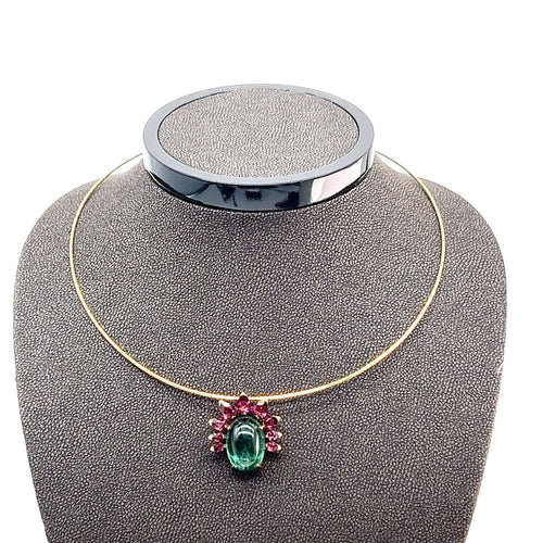 Collier Collier Ras-de-Cou en Or Jaune avec Tourmaline Verte et Grenats Rhodolites 58 Facettes