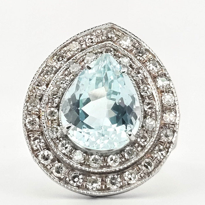 Bague 53 Anneau d'or blanc Aquamarine et diamants 58 Facettes