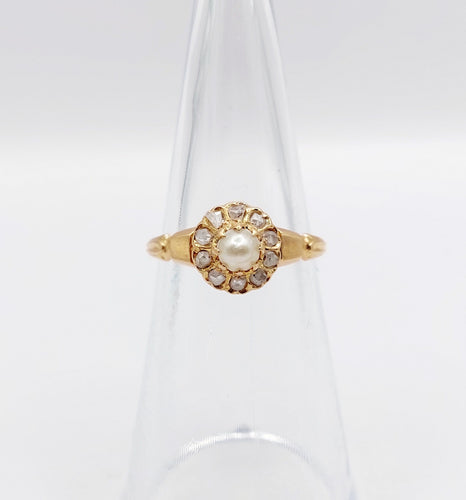 Bague 48.5 Bague marguerite antique or rose 18k perle et diamants taille roses (circa 1900) 58 Facettes A06176