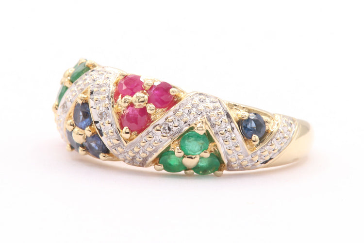 Bague 54 Bague en or jaune et blanc sertie de saphirs, rubis, émeraudes et diamants 58 Facettes B401