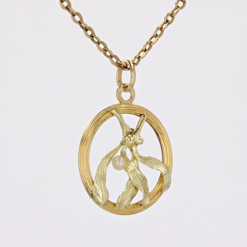 Pendentif Pendentif ancien feuilles de gui or vert et perle fine 58 Facettes 24-145