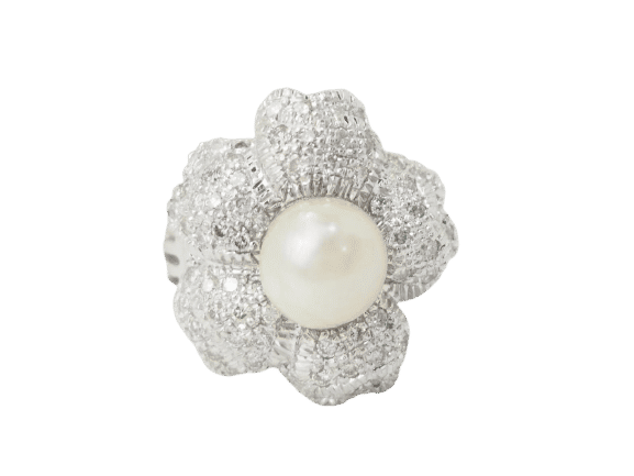 Bague 51 Bague Fleur en or blanc, perle de culture et diamants 58 Facettes 33405