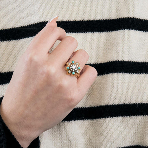 Bague 51 Bague or jaune, turquoises, diamants 58 Facettes