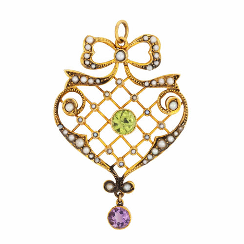 Pendentif Pendentif treillis édouardien en péridot, améthyste et perles de culture 58 Facettes G13711