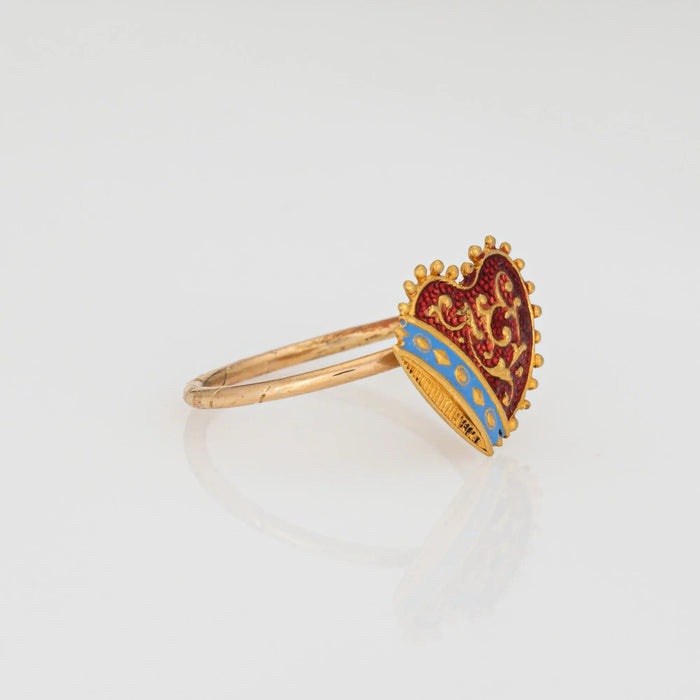 Anillo de conversión antiguo de esmalte de corazón victoriano en oro amarillo