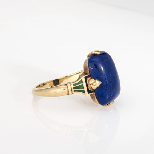 Bague Bague Art déco vintage en lapis-lazuli émaillé, or jaune 14 carats, taille 6,25, bijoux fins 58 Facettes G14043