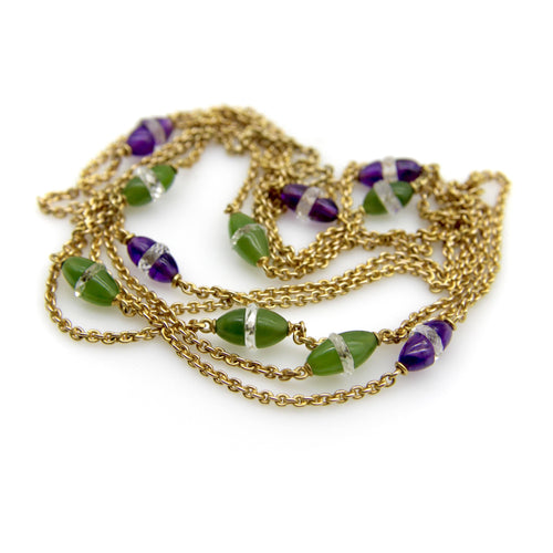 Collier Chaîne de station victorienne en or 14 carats, améthyste, néphrite, jade et cristal de roche 58 Facettes A2001N