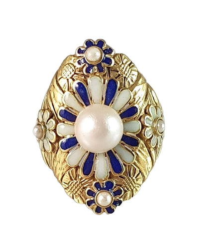 Bague 53 Bague or jaune motif émaillé avec perle au centre 58 Facettes C 308/iee