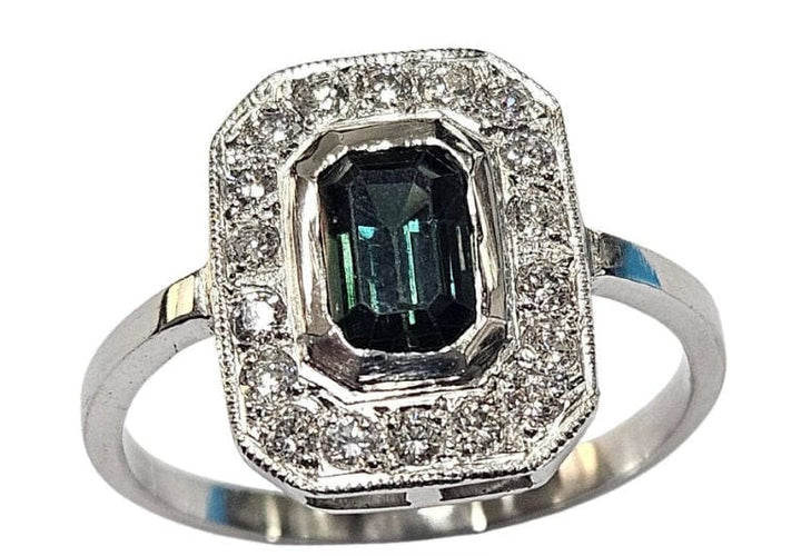 Bague 56.5 Bague Art Déco en platine avec saphir vert naturel et diamants 58 Facettes Q391B