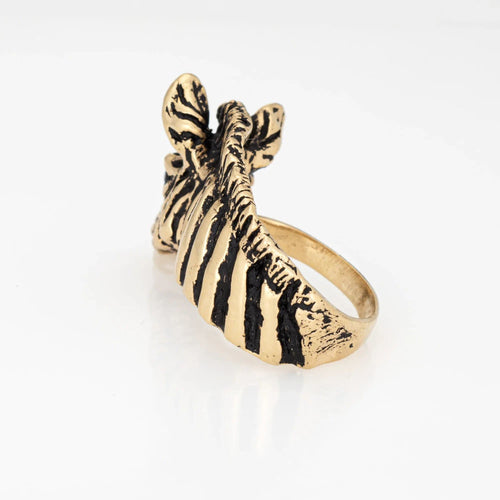 Bague 53 Anneau zèbre en or jaune et émail vintage 58 Facettes G13687