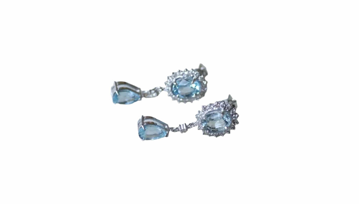 White gold, blue topaz, diamond drop earrings