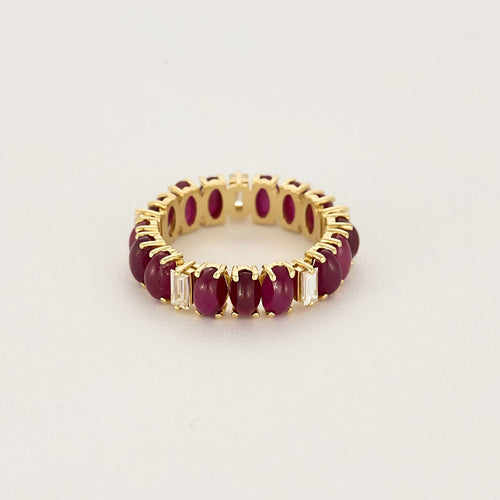 Bague 51.5 Alliance or jaune, cabochons de rubis et diamants 58 Facettes RNG3474