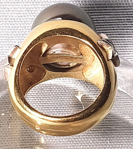 Bague Bague vintage jonc or jaune, perle de TahitiI et motifs étoilés diamants 58 Facettes C 309