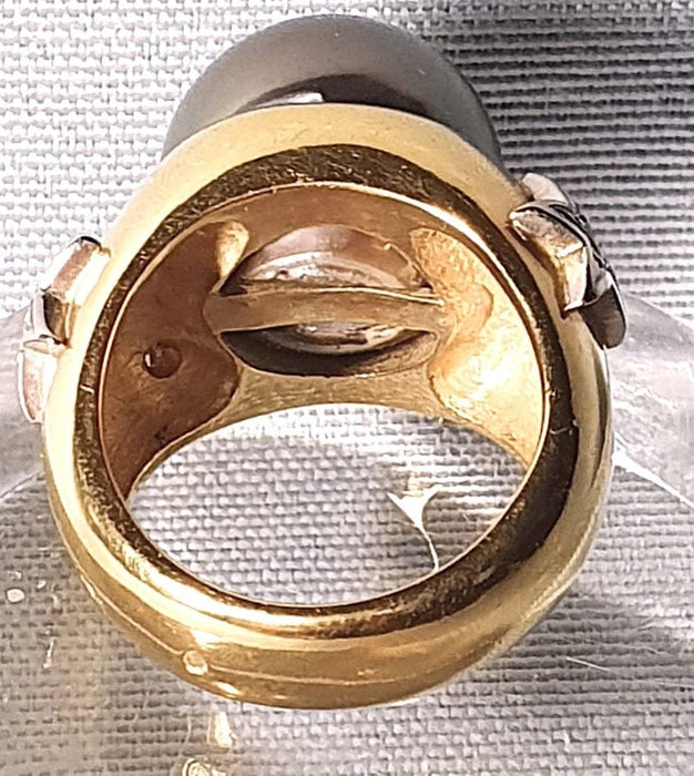 Vintage geelgouden armbandring, Tahitiaanse parel en diamanten stermotieven