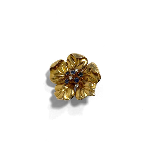 Broche Broche fleur de camélia épanouie en or jaune et saphirs, diamants 58 Facettes REF2569-337