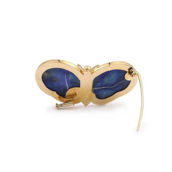 Yellow gold butterfly brooch, lapis lazuli, jasper