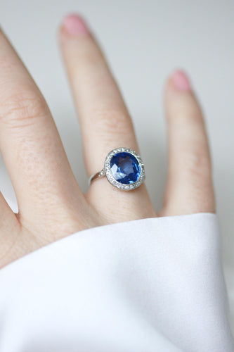 Bague 51 Bague Art Déco platine, Saphir de Ceylan Non Chauffé 4,30 Cts et Diamants 58 Facettes