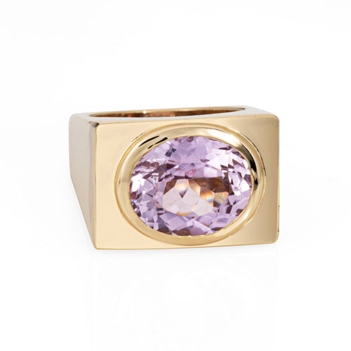 Bague 53 Bague carrée en kunzite des années 70, anneau lourd, vintage, or jaune 14 carats 58 Facettes G13895