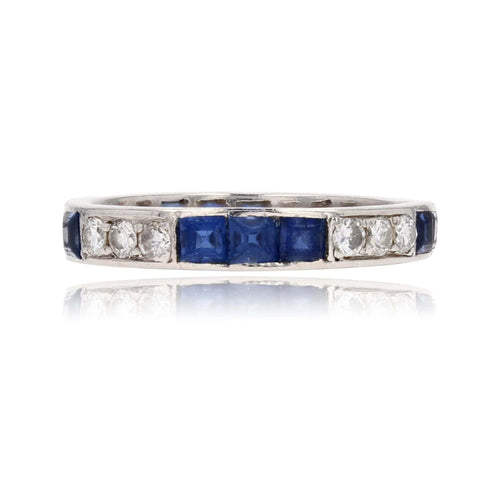 Bague 54 Alliance ancienne en platine saphirs calibrés diamants 58 Facettes 24-005