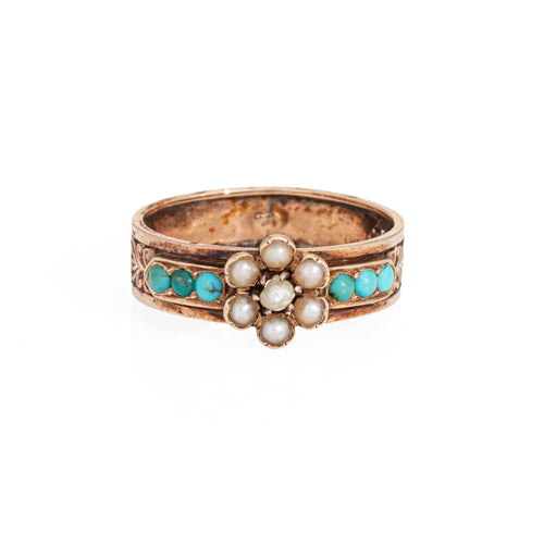 Bague 54 Bague victorienne antique en or rose et perles de rocaille turquoise 58 Facettes G13979