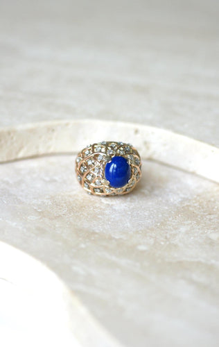 Bague 52 Bague Cocktail rétro or jaune, Lapis Lazuli et Diamants 58 Facettes
