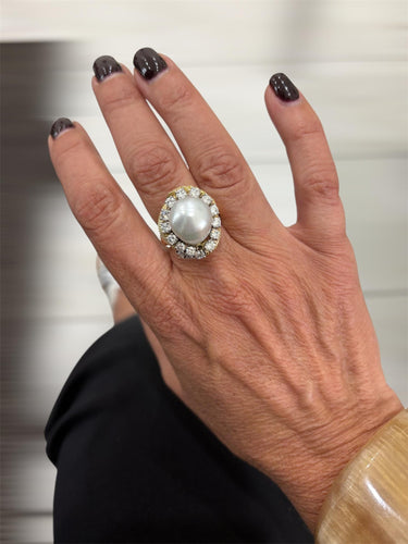 Bague 50 David Webb - Bague turban en or jaune, perles des mers du Sud et diamants 58 Facettes