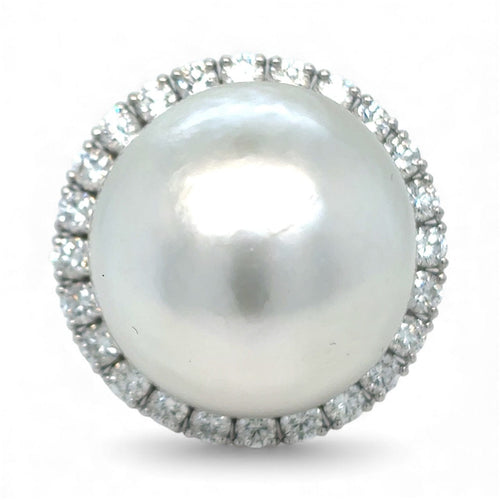 Bague 54 Bague rétro en or blanc avec perle des mers du Sud et diamant 58 Facettes