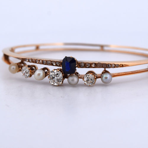 18 ayar sarı altından vintage bilezik, inciler, safir ve elmaslarla 