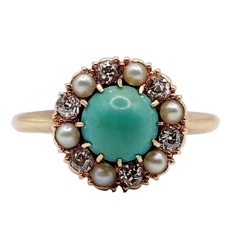 Bague 52.5 Bague marguerite or jaune, cabochon de turquoise, diamants et perles (circa 1900) 58 Facettes A05219