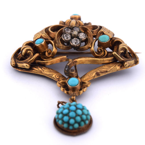 Broche Broche victorienne en or jaune avec turquoise et diamants 58 Facettes