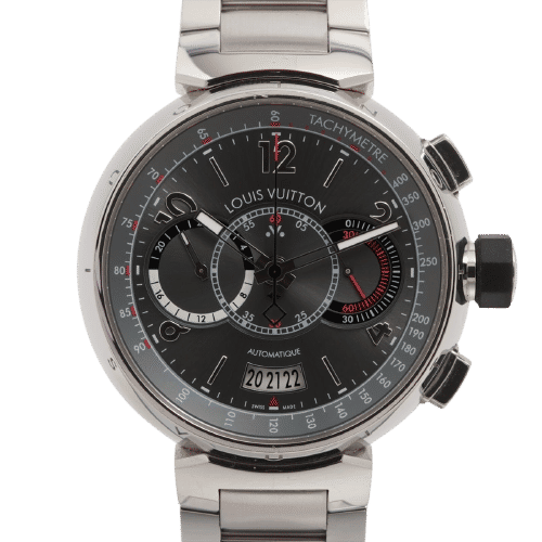 Montre Louis Vuitton - Montre chronographe Tambour Voyage en acier 58 Facettes