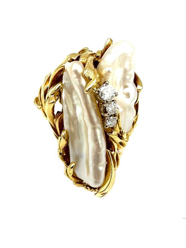 Bague GILBERT ALBERT. Importante bague or jaune 18K, perles et diamants 58 Facettes