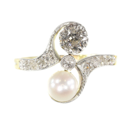 Bague 58 Belle Epoque diamond and pearl engagement ring model toi et moi 58 Facettes 20155-0500